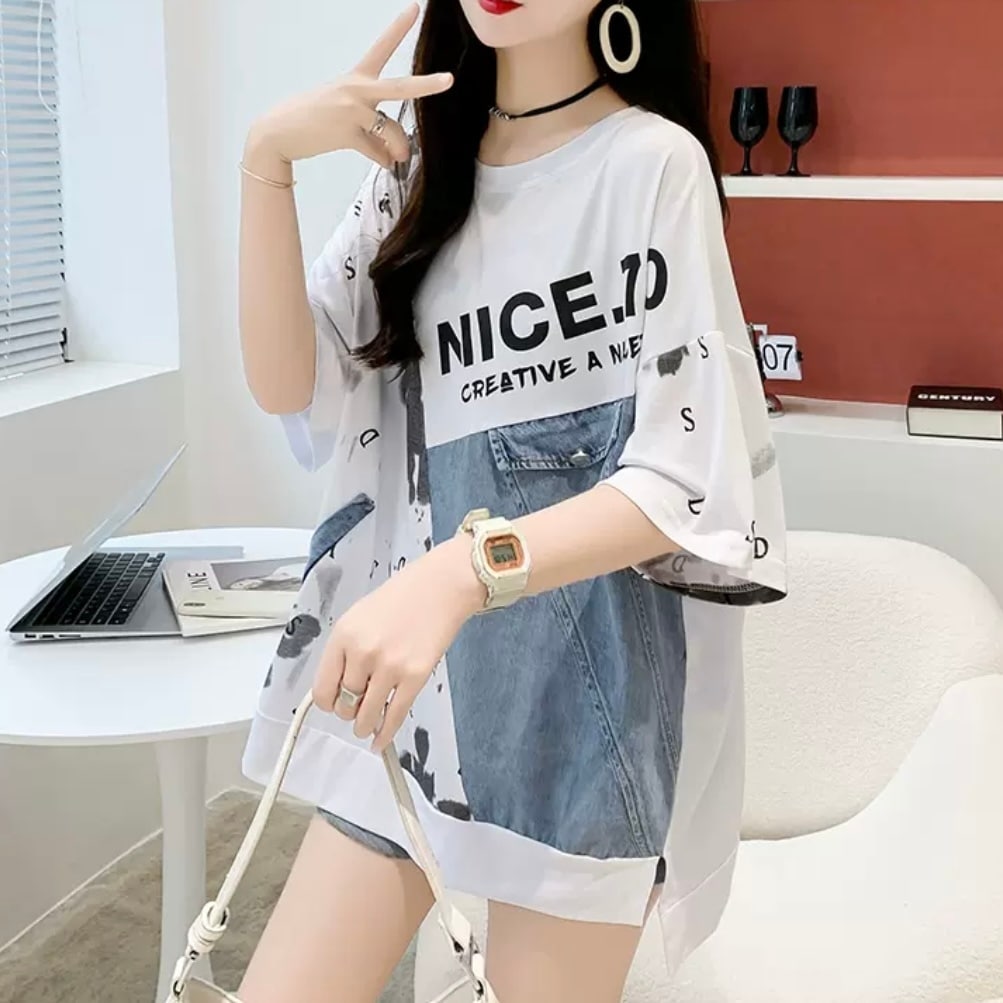 トップス Tシャツ 部屋着 袖あり 半袖 5分袖 五分袖 ドロップショルダー Uネック ラウンドネック ワイド デニム 異素材MIX シンプル カジュアル おしゃれ お洒落 かっこいい ラフ 5,480円