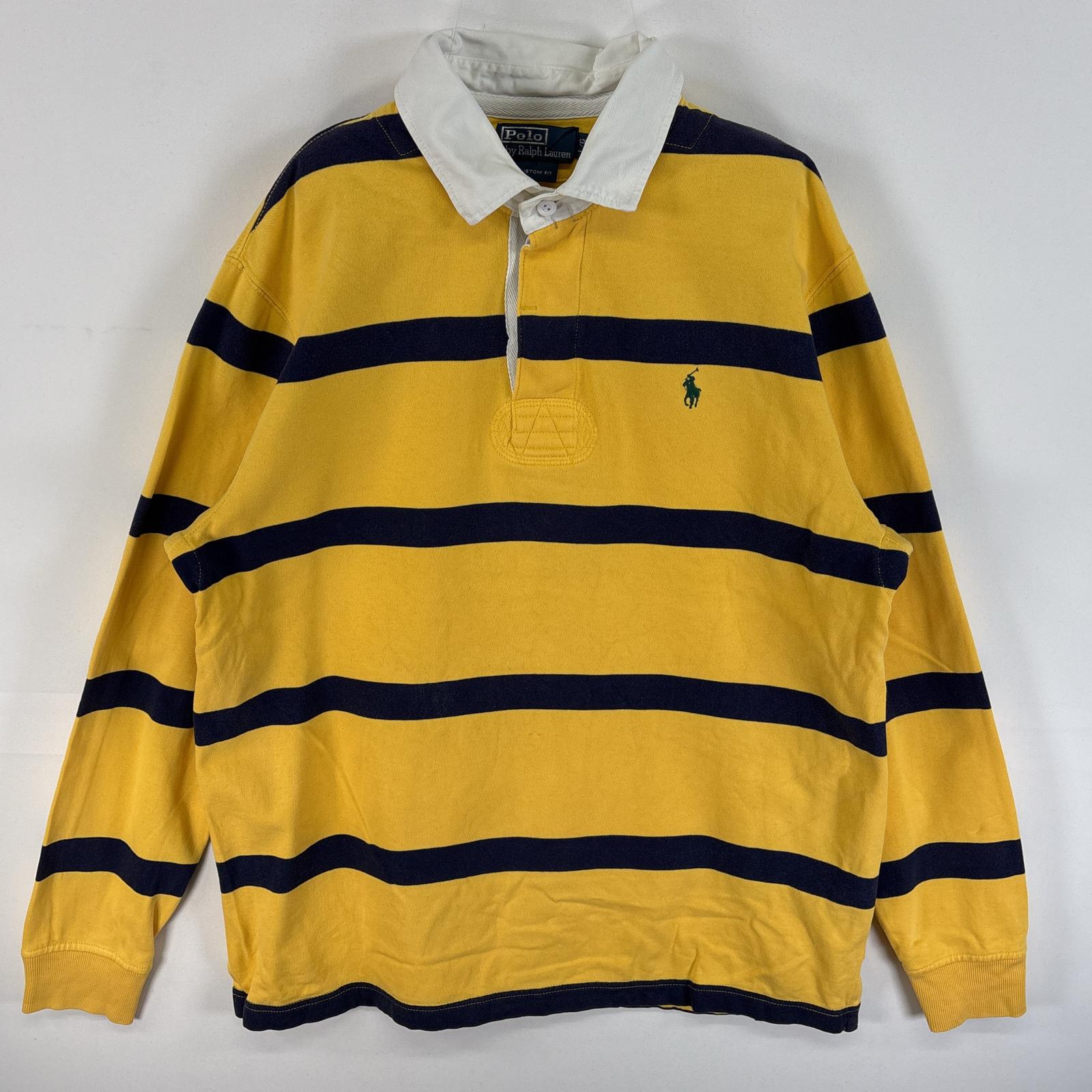 古着 90s/90年代 ポロバイラルフローレン Polo by Ralph Lauren 長袖 ラガーシャツ ワンポイント ロゴ 刺繍 CUSTOM FIT ラバーボタン L イエロー系 ボーダ