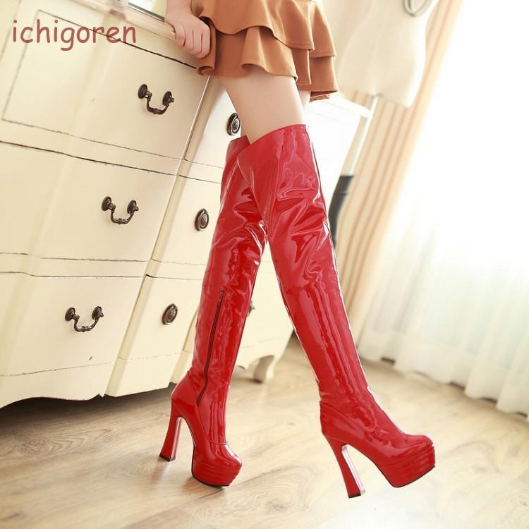 【期间限定】シンプルなデザイン細身 エナメル ニーハイブーツ 白 黒 赤 カラー３色 大きいサイズ ピンヒール ブラック ホワイト レッド レディース コスプレ