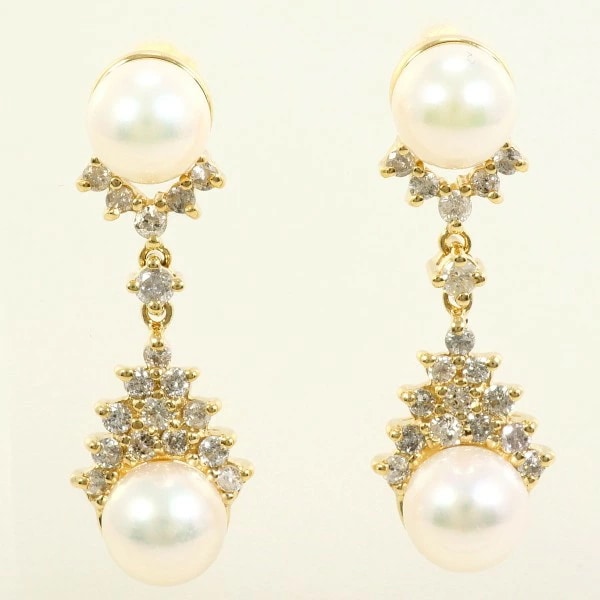 14K YG ピアス アコヤ真珠 ダイヤ カード鑑別書 総重量約5.9g ジュエリー 中古
