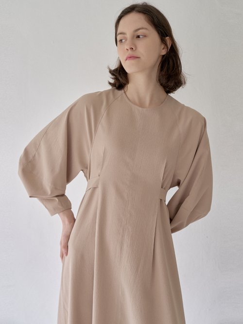 AVANT-G Waist Strap Volume Sleeve Dress - BEIGE