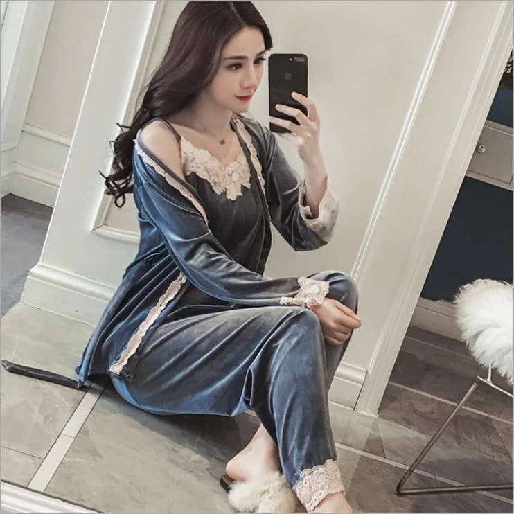 5COLORS 春 新作 日韓 おしゃれ ゴールドベルベット パジャマ 三点セット セクシー ウェア セット