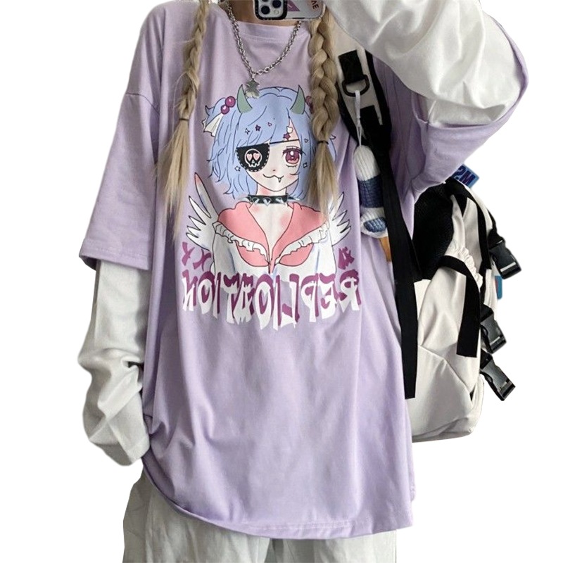 かわいいブルー髪少女アニメtシャツ長袖 病みかわいい原宿ストリートート