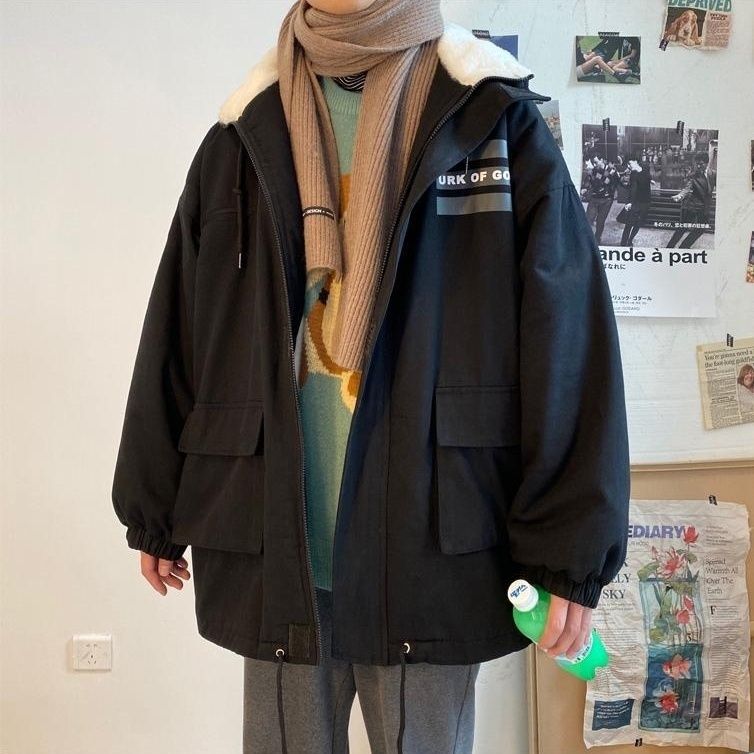 コットンコートメンズベルベット肥厚フード付きコットンコートカジュアルハンサムトップ人学生コットンジャケット