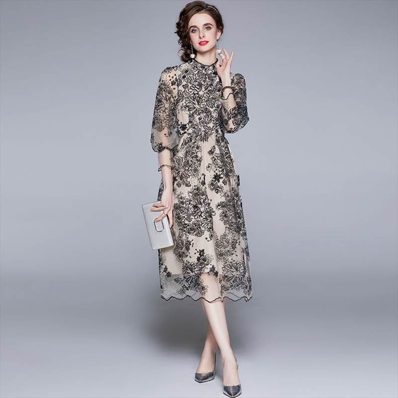 パーティードレス ミモレ丈 ひざ丈 ドレス モノトーン 黒 総レース シースルー 個性的 袖あり カジュアル ワンピドレス フォーマル 体型カバー ワンピース 透け感 フレア 五分袖 七分袖 春 夏