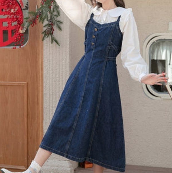 トップス ワンピース デート かわいい 大人可愛い きれいめ シンプル カジュアル 大人 上品 デニム キャミソールワンピ フレア Aライン 無地 ロング丈 シャツ セット 長袖 ホワイト L 休日