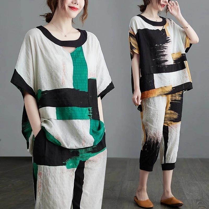 セットアップレディース大きいサイズ半袖Tシャツ七分丈パンツ上下二点セットアップ韓国ファッション流行り服
