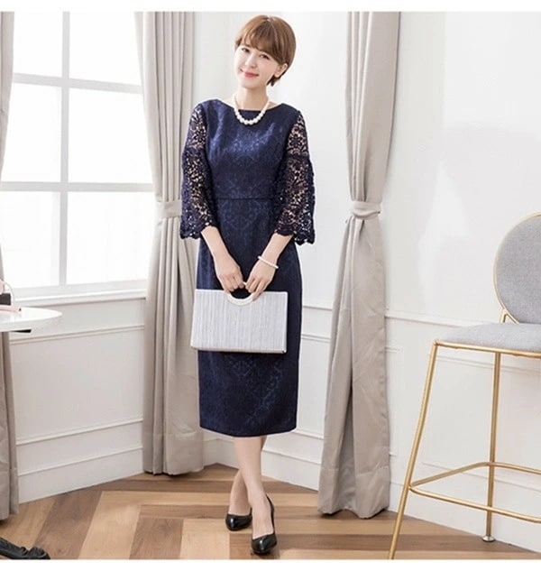 パーティードレス 結婚式 ワンピース ミモレ丈 膝下ワンピース スカラップ 袖 レース ダマスク 柄 ドッキング 大きいサイズ 入園式 二次会 謝恩会 同窓会 服装 発表会 大人 フォーマル 20