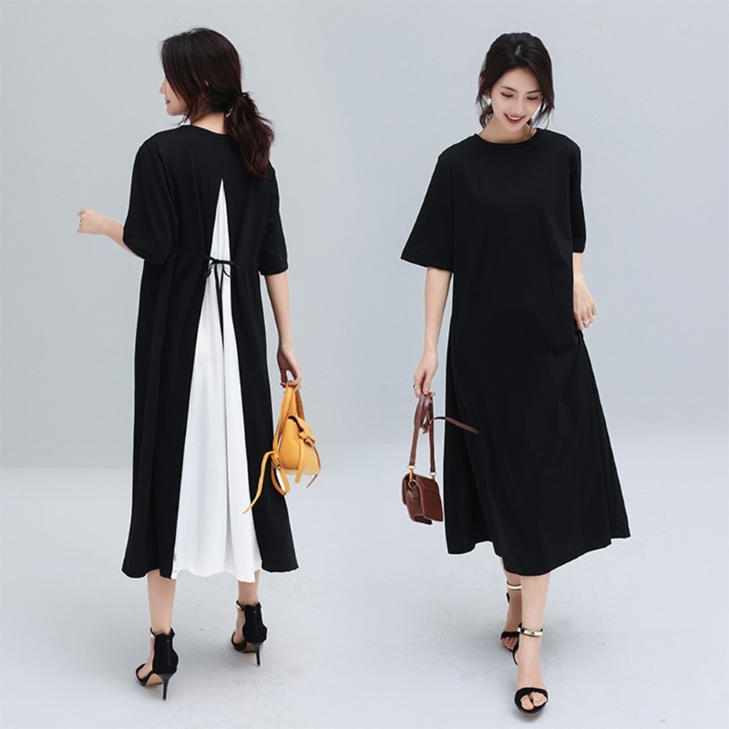 ロングワンピース XL 5分袖 レディース 切り替え クルーネック フレア 春夏秋 122964