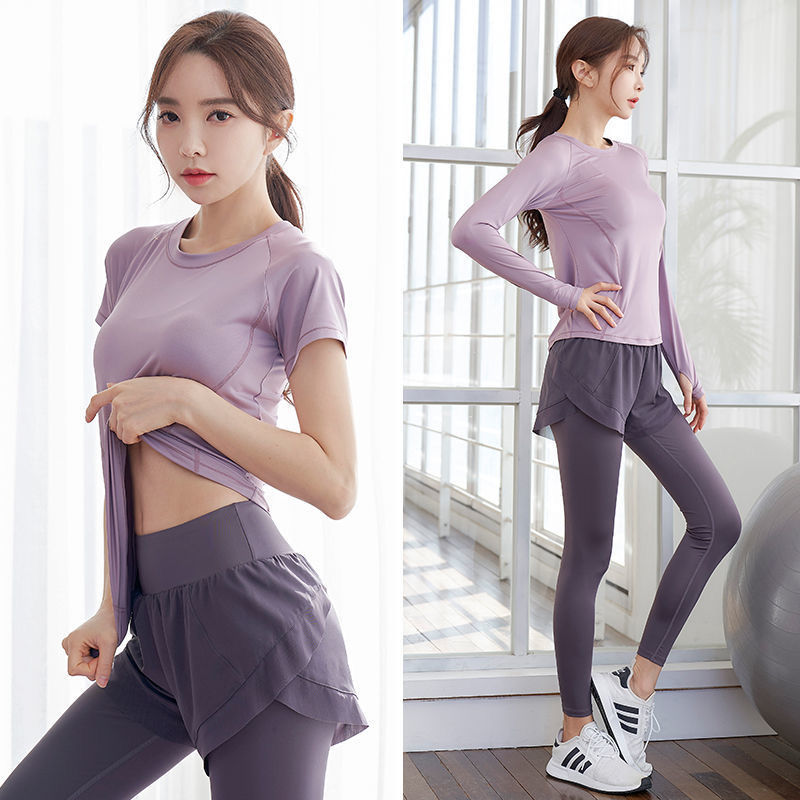 春と秋のヨガ服偽のツーピースジムスポーツランニングスーツ女性の薄い朝のランニング速乾性の服通気性 母の日-0009357