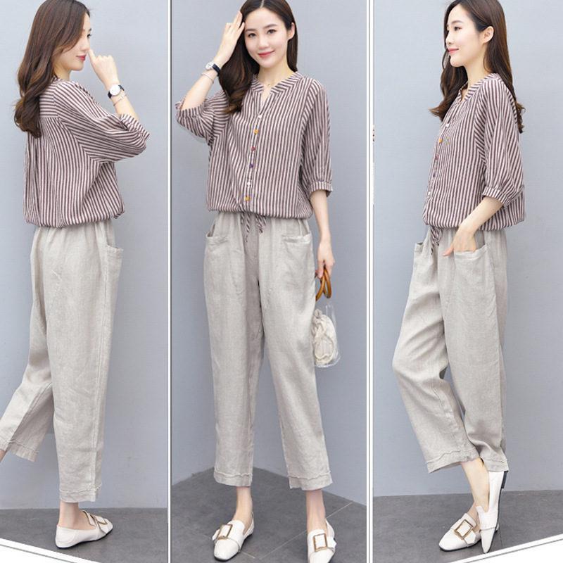 セットアップ レディース ストライプ シャツ ブラウス ガウチョパンツ 着痩せ 九分丈 体型カバー 上下セット カジュアル トップス
