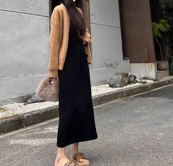 レディース スカート ボトムス スウェット 部屋着 ペンシルスカート ロングスカート 膝下 ロング 丈長 スリム ストレート スリット ハイウエスト ウエストゴム 中厚手 シンプル カジュアル