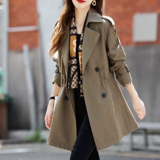 【高級品質!】 フェミニン ダブルブレスト ストラップ 切り替え 膝上 無地 折り襟 トレンチコート