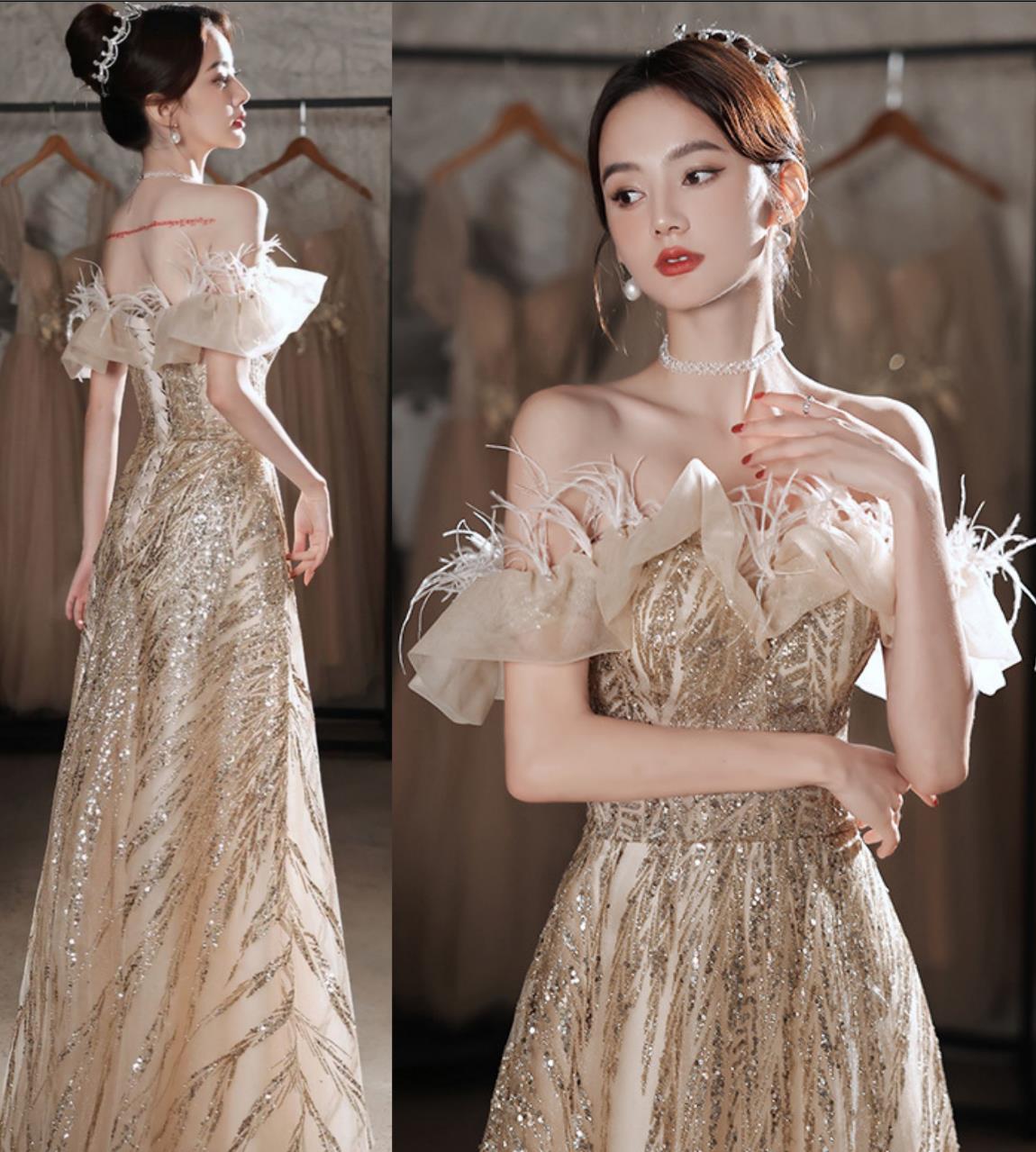 【SNS大人気】XS-3XL レディース　ウェディングドレス　カラードレス 結婚式　花嫁 披露宴　刺繍 二次会 パーティードレス 演奏会 お嫁さん 発表会 　シャンパン