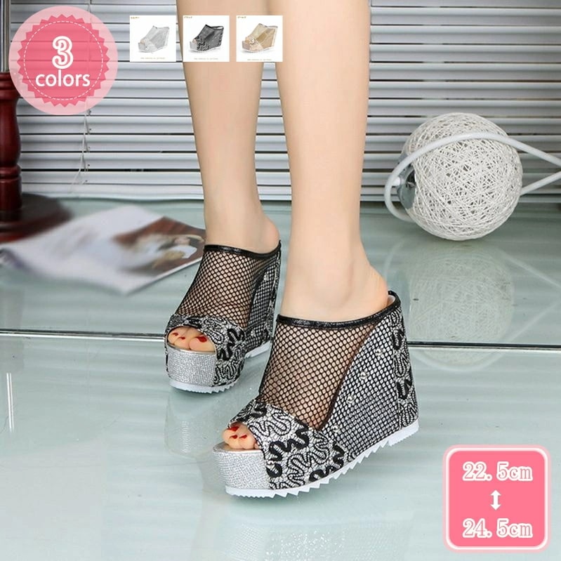 500円OFFクーポン ウエッジソール ミュール レディース おしゃれ ヒール 歩きやすい 厚底 サンダル サボ オフィス 通勤 春 夏 メッシュ チュール オープントゥ 滑り止め 美脚 疲れない キ