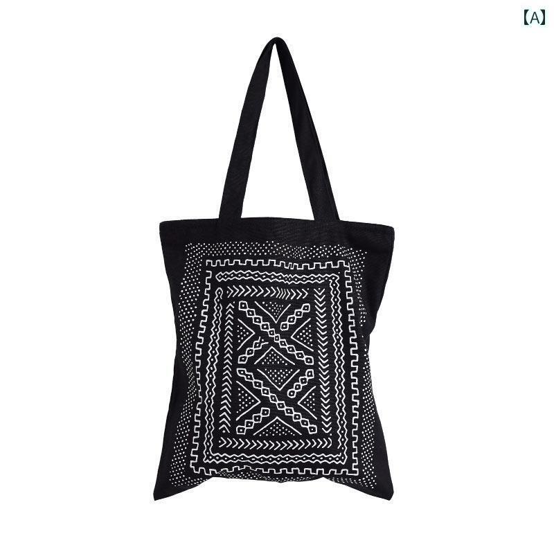 エスニック バッグ かばん 鞄 メンズ レディース カジュアル コットン キャンバス トート ショルダー 肩掛け ファスナー 内側 ポケット 大容量 A4 黒 白