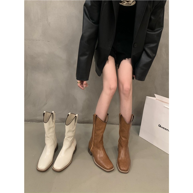 11 厚いかかとアメリカンレトロブラウンvマウスブーツレディースシューズ2024新しい春と秋のブーツミッドチューブナイトロングブーツ