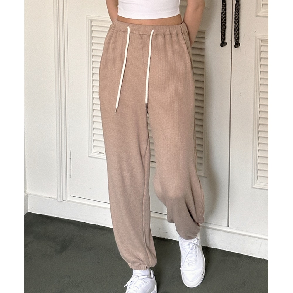 INJIACTIVE リブニットジョガーパンツベージュ