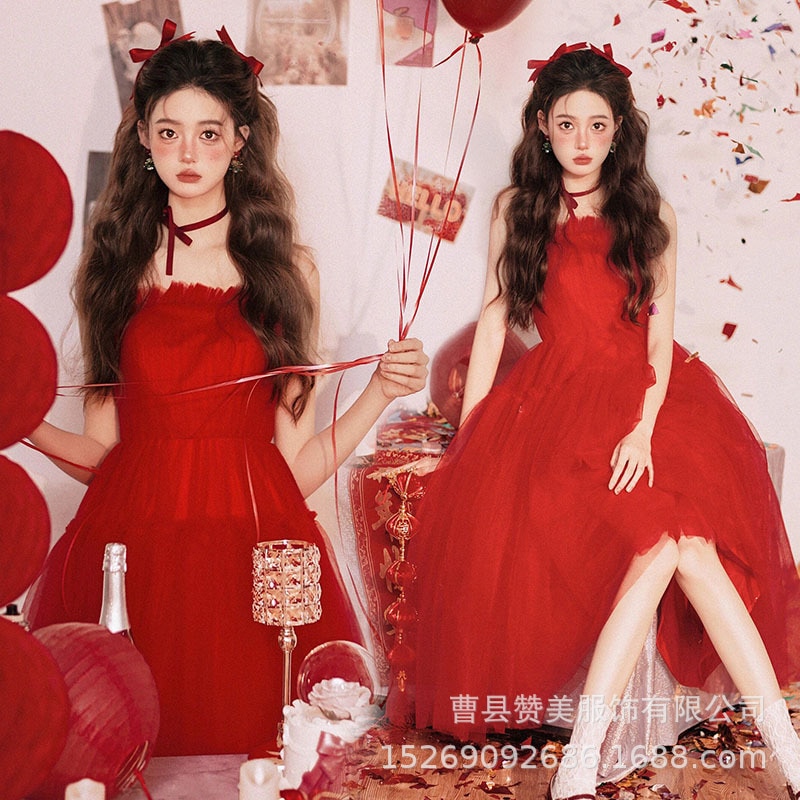 新しい赤いガーゼスカート遊び心のある女の子の誕生日テーマ韓国の絵画風写真雰囲気芸術的な写真撮影服