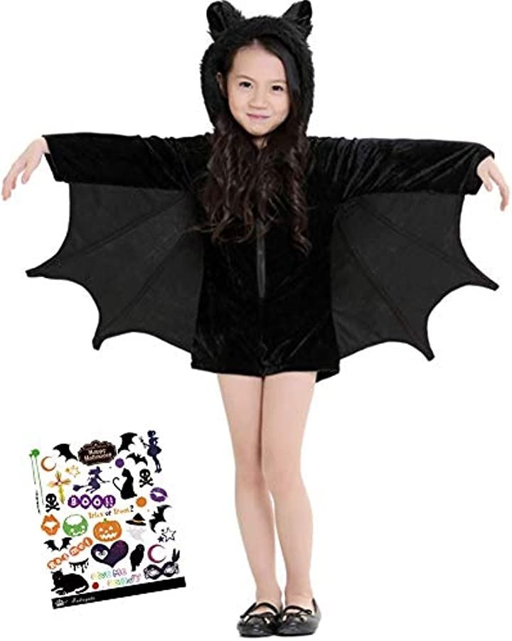 バットガール ヴァンパイア 吸血鬼 こうもり コスチューム コスプレ 衣装 ハロウィン ボディシール付き 2点セット 女の子 S700(黒, XSサイズ （身長100～120cm）))