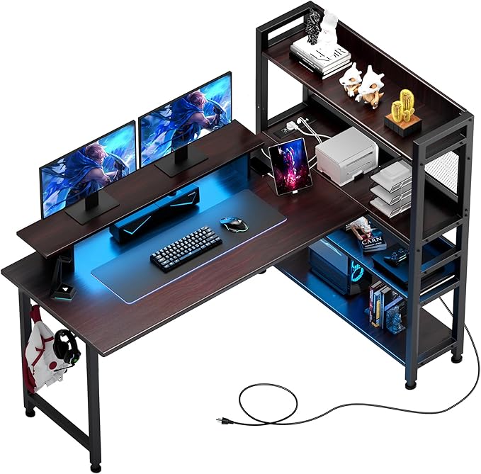 ゲーミングデスク パソコンデスク l字 コンセント/棚/モニター台/led付き モニターアーム対応 棚板高さ調節可能 多層収納 壁面収納 パンチングボード 頑丈なフレーム 左右組み換え自由 フック/ラ