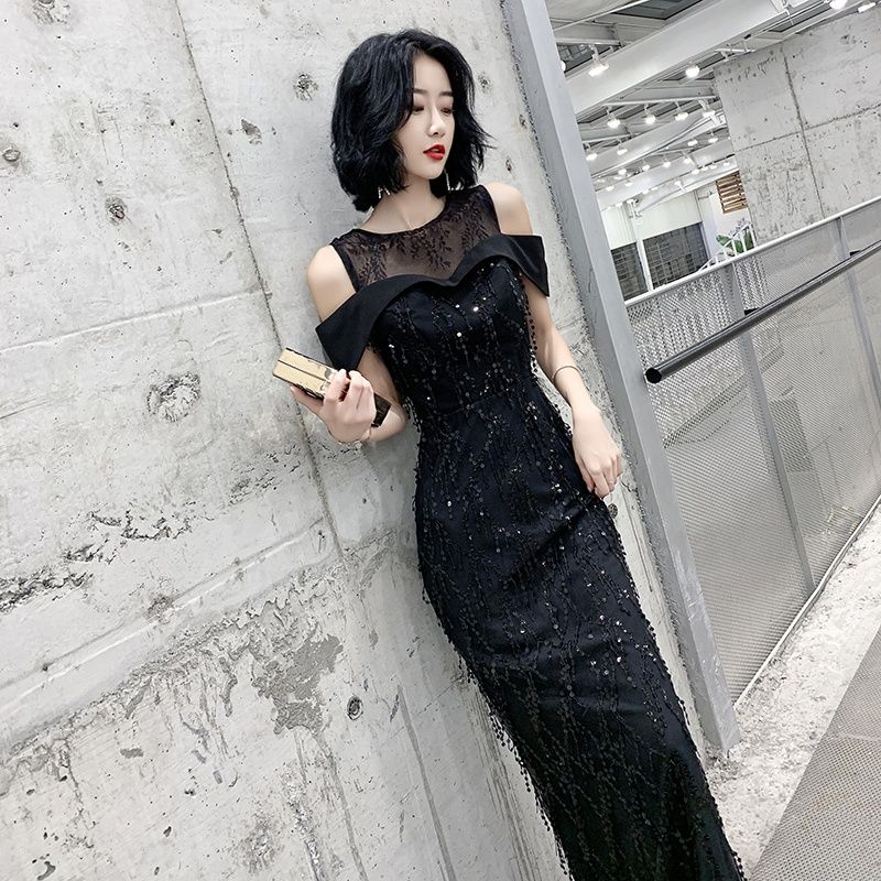 韓国ファッション パーティードレスブラックイブニングドレススカート 上品 成人式 演奏会 発表会 卒業式 結婚式