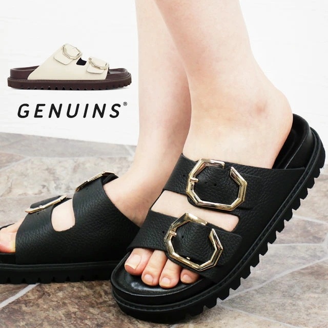 ジェニュインズ サンダル レディース スペイン製 コンフォートサンダル ガリア エンボスド レザー ブラック G106270JT ホワイト G106271JT ビックバックル