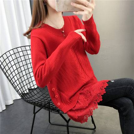 レース 切り替え ニット レディース トップス 7色 クルーネック セーター レイヤード風 サイドボタン ビックシルエット サイドスリット リブニット 無地ニット ケーブル レッド ブラウン ホワイト