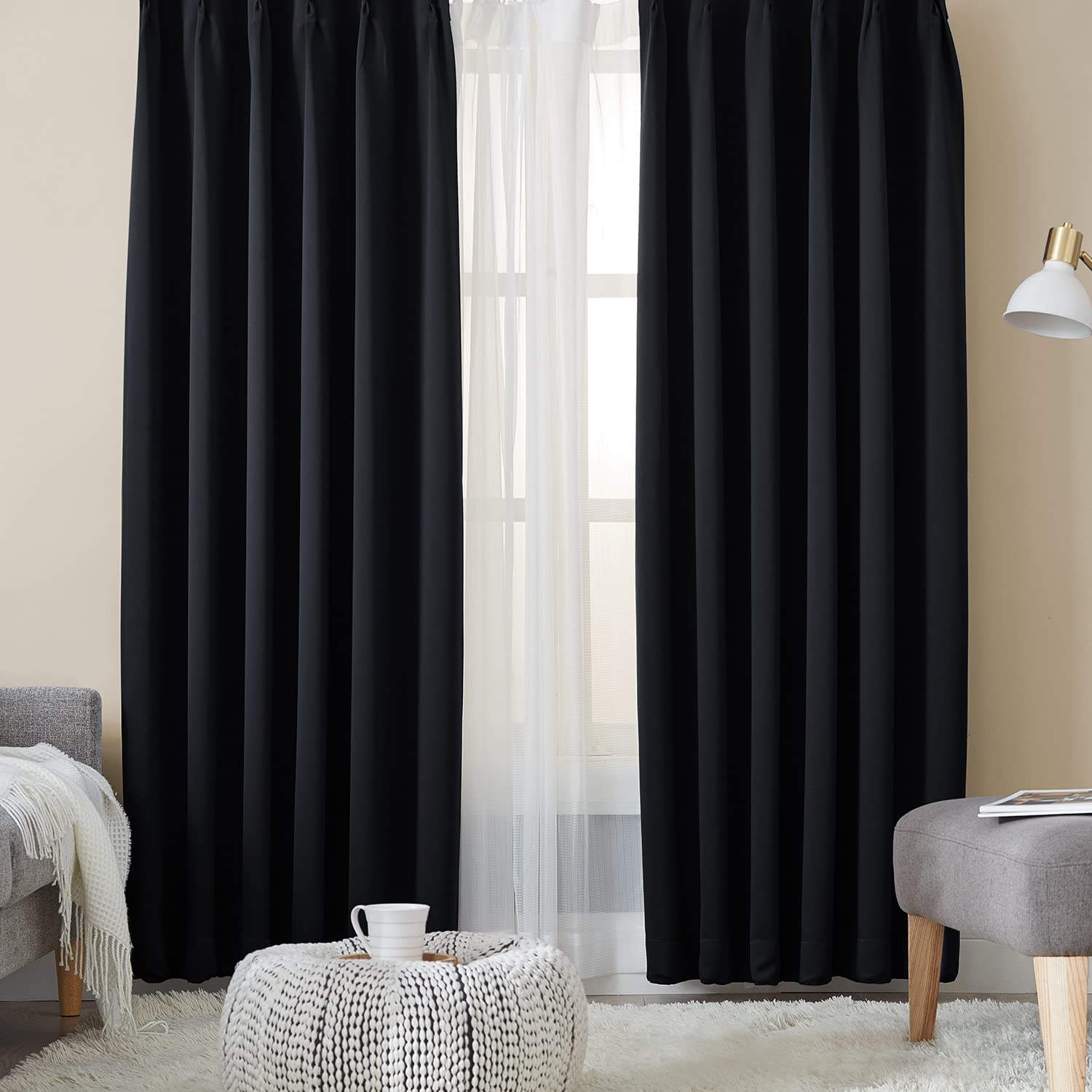 Hansleep カーテン 1級遮光 4枚セット 幅100cm丈220cm ブラック 断熱 防寒 防音 省エネ 厚手 無地 おしゃれ 洗える リビング用 (カーテン2枚レース2枚)