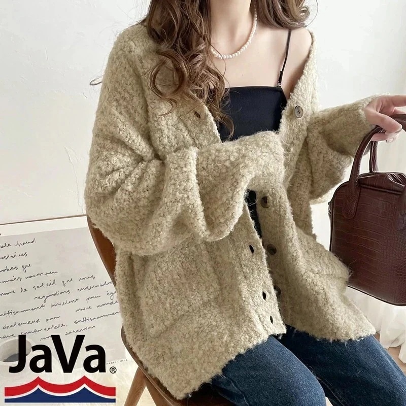 javaジャバ別注 トップス カーディガン レディース MIX糸 ブークレー Vネック ふんわり 暖か 羽織り ゆるっと ビッグシルエット 体型カバー レイヤードコーデ 大きいサイズ