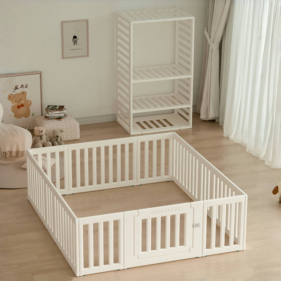 ベビーサークル 内径180*200cm 変形可能 収納棚へ変身可能 扉付き ベビーゲート ベビーフェンス プレイヤード 簡単組立 柵 キッズ【内径180*200cm】