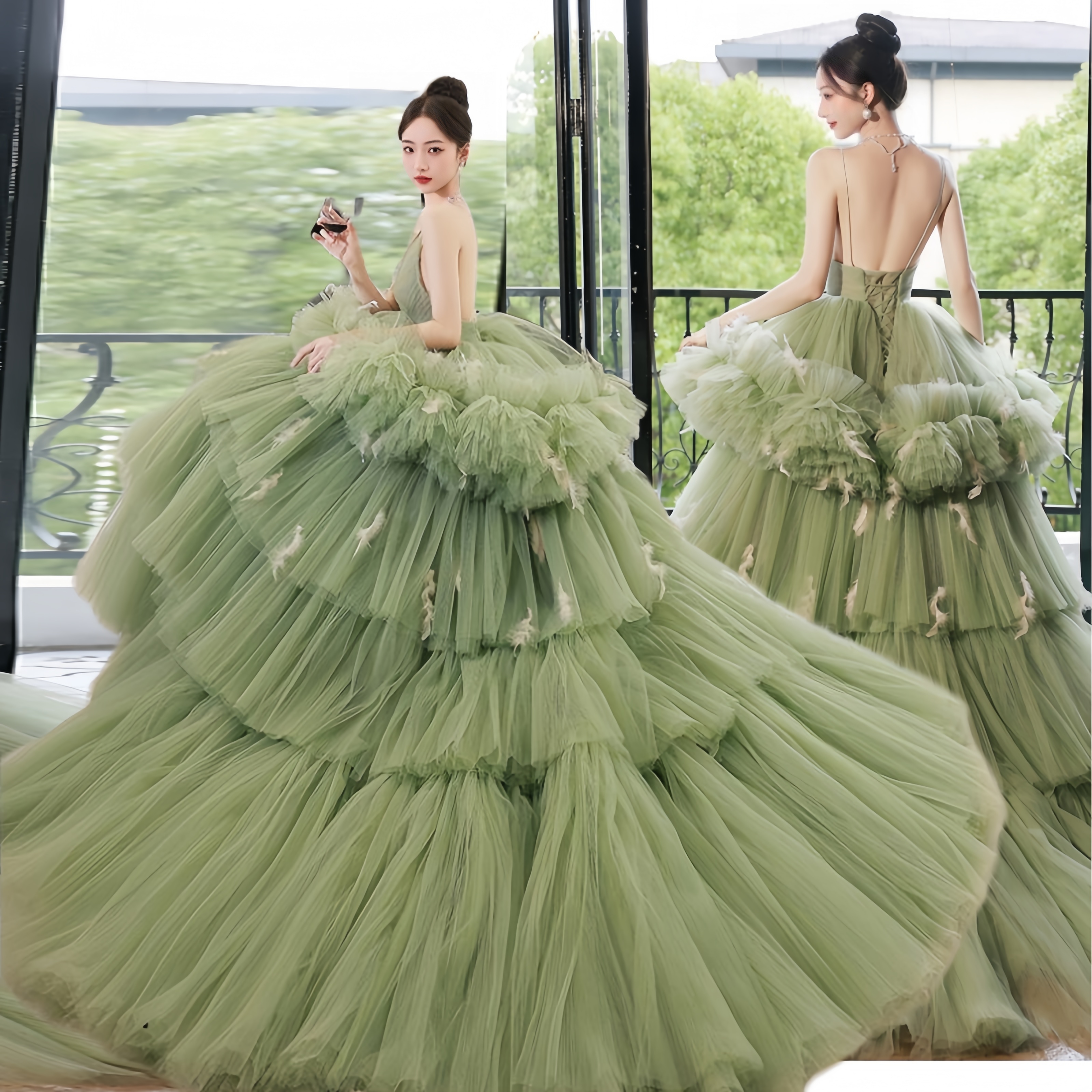 ケーキのドレス ウェディングドレス グリーン ポンポンスカート 花嫁ドレス パーティードレス ロングレディース 結婚式 披露宴 おしゃれ