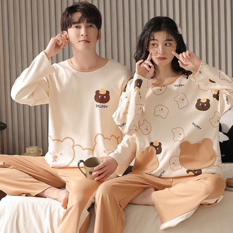 春と秋のカップルパジャマレディースピュアコットン長袖パンツホームウェアメンズオールコットンかわいい漫画ツーピースセットアウターウェアとしても着用可能