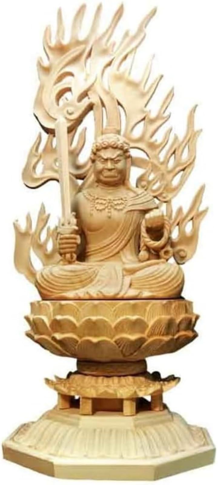 仏像 不動明王 木彫り 仏壇仏像 置物 桧木製 守り本尊 悩み 祈る 厄除け 八角台座 火炎光背 御利益 功徳 (ベージュ, 高さ28cmx巾12cmx奥行12cm)