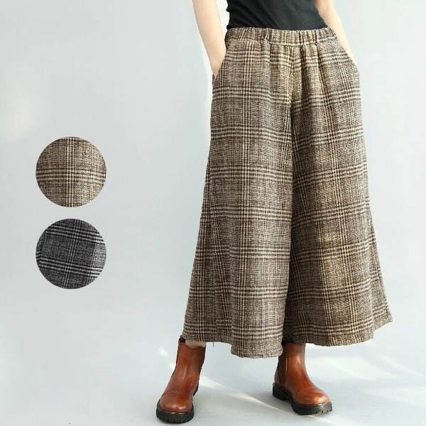 ガウチョパンツ F 即納 茶 黒 起毛 グレンチェック柄 ワイドパンツ キュロットスカート スカーチョ 96969426 レディース カジュアル LDLA2076