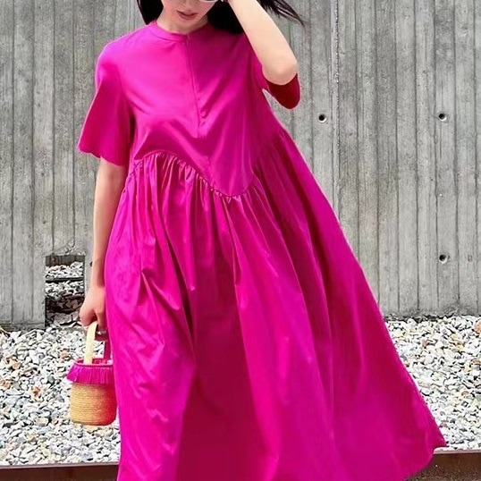 レディース ワンピース シャツワンピ プリーツスカート 膝下 ロング 5分袖 クルーネック セミフレア 切り替え ファスナー 前開き 切り替えデザイン 薄手 大人可愛い きれいめ シンプル 上品