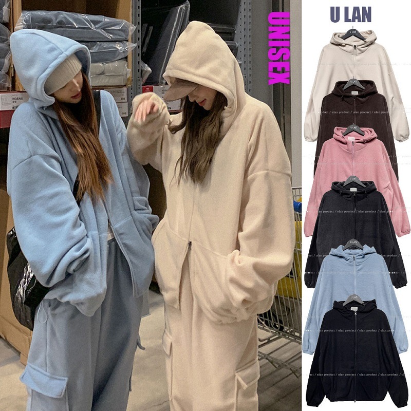 [U LAN] Toto Fleece String Two-Way Hooded Zip-Up 男女兼用 柔らかいタッチ感のフリース素材 韓国人気 6色