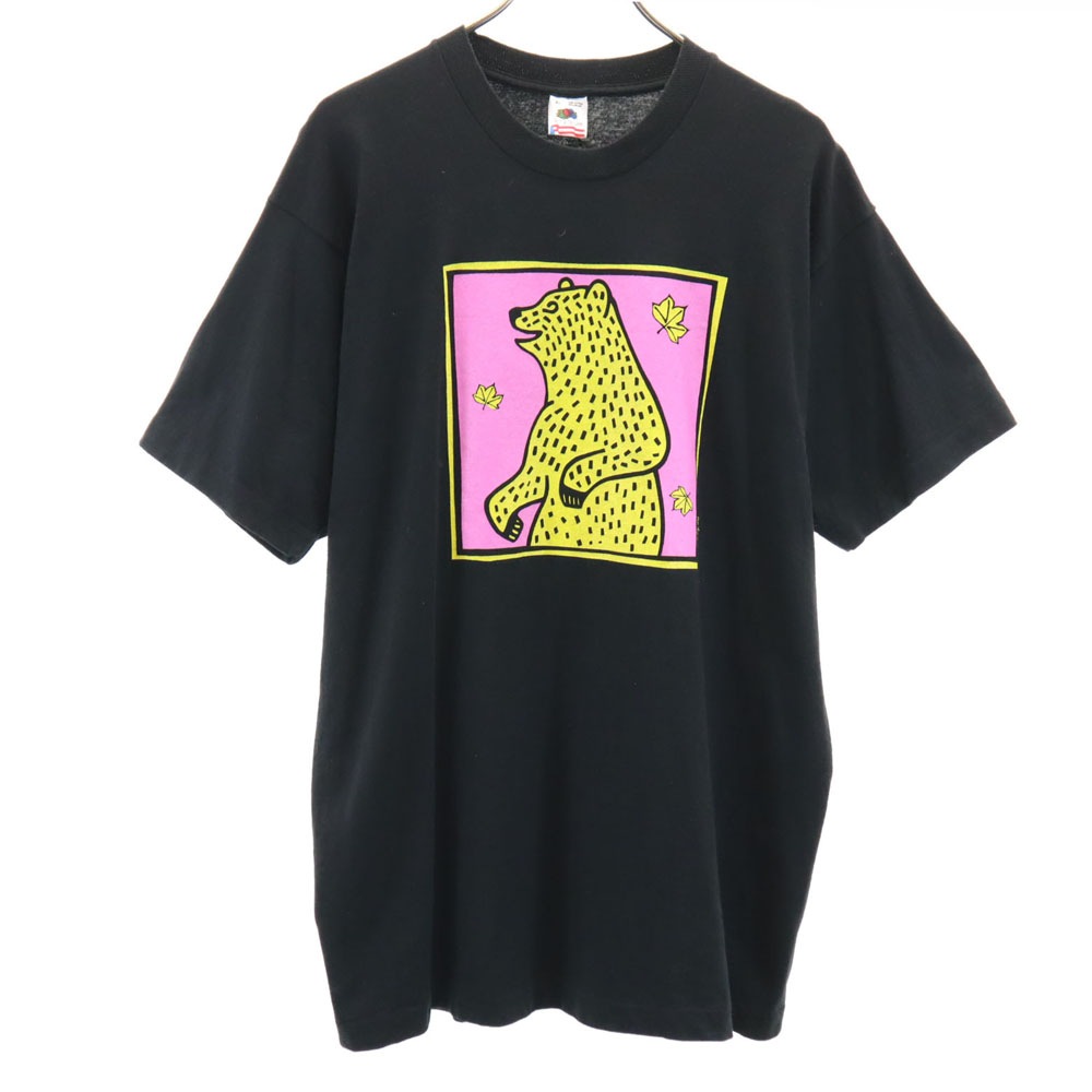 90s USA製 オールド アートT ベア プリント 半袖 Tシャツ XL ブラック クマ シングルステッチ メンズTシャツ