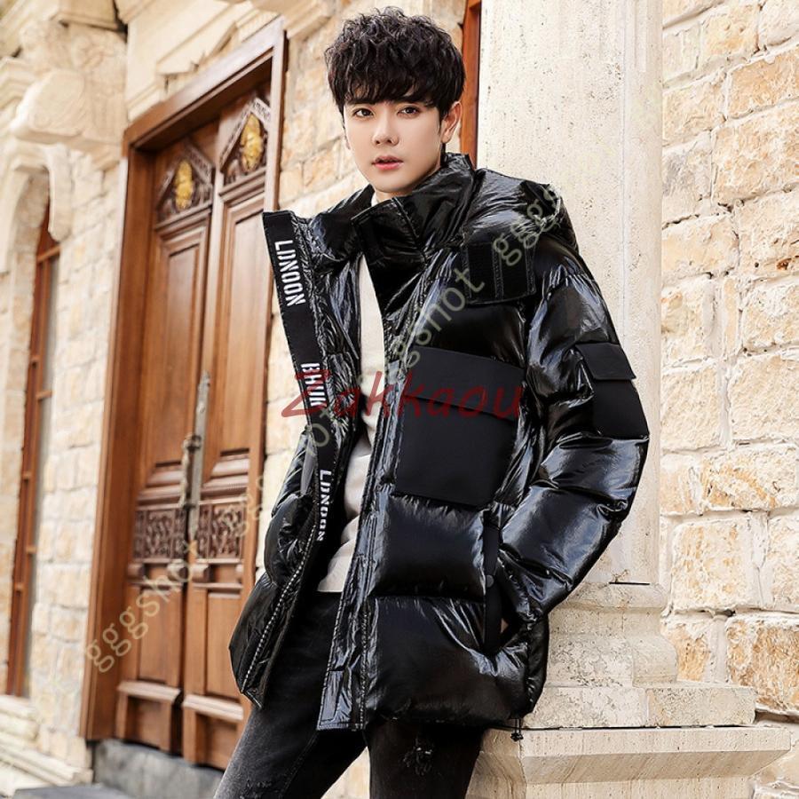 ダウンジャケット メンズ フード エナメル 光沢 冬 ブルゾン 冬服 アウター 防寒 防風 軽量 暖かい ダウンコート カジュアル 大きいサイズ 無地 上着 通勤
