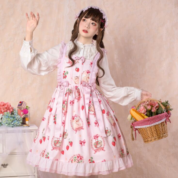 ジャンパースカート ロリータワンピース 可愛いロリータ服 甘ロリ イチゴ柄 プリンセスドレス フリル