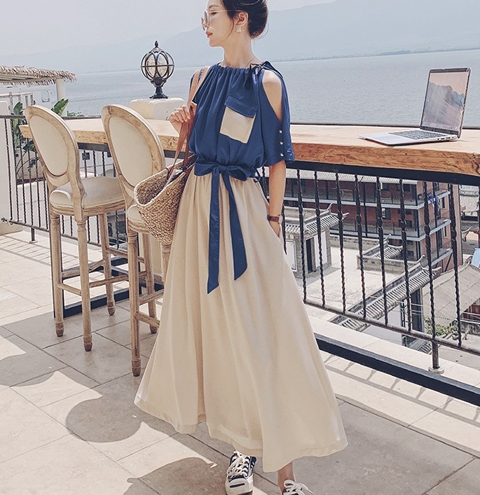 【送料無料】レディース 2カラー ワンピース バイカラー 切り替え 肩開き オープンショルダー