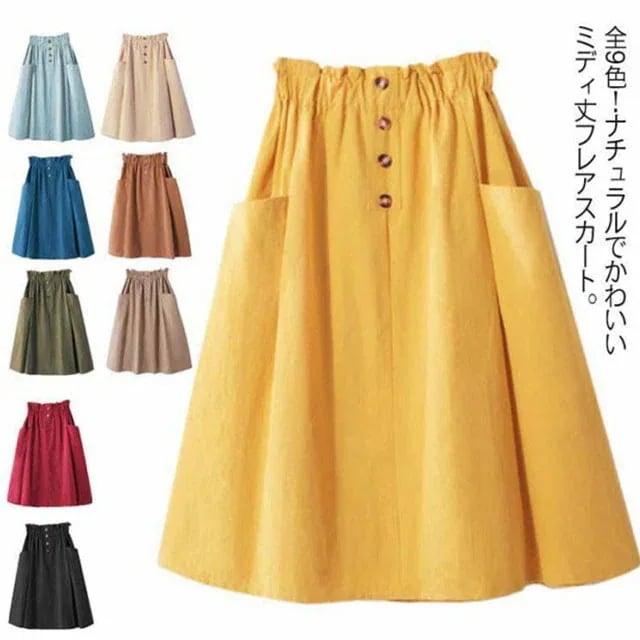 かわいい カジュアル 無地 シンプル 膝丈 ギャザー ポケット付き ハイウエスト Aライン ミディアム丈スカート フレアスカート フリル スカート 全9色！2019秋冬