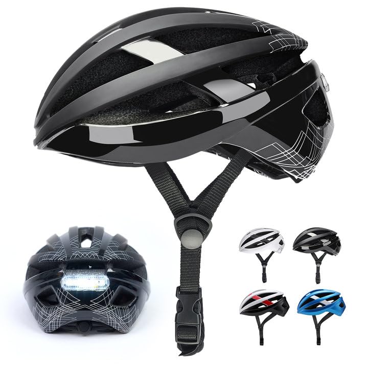 Rongbenyuan 自転車 ヘルメット 大人用 【LEDライト付】ロードバイク ヘルメット スポーツヘルメット 超軽量 17個通気口 58-62CM サイクリング 耐衝撃 高剛性 サイズ調整可能