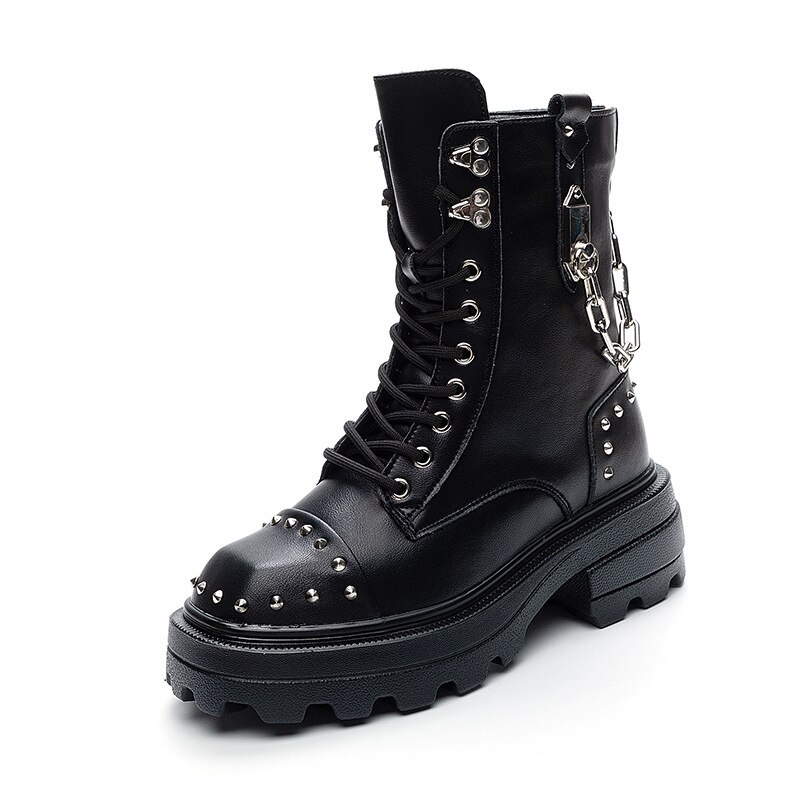 真皮マーチンブーツ女秋冬ギャザーブーツナイトブーツハイカットブーツ