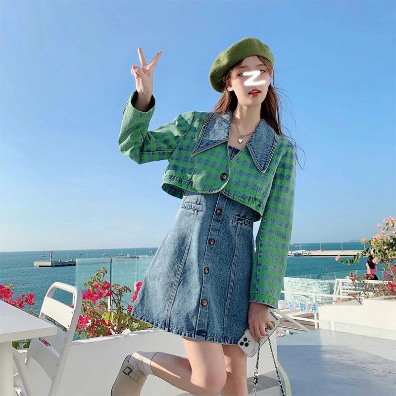韓国ファッションデニムスカート+デニム上着 レトロ流行りスカートセット 着痩せセクシーミニドレス2点セット