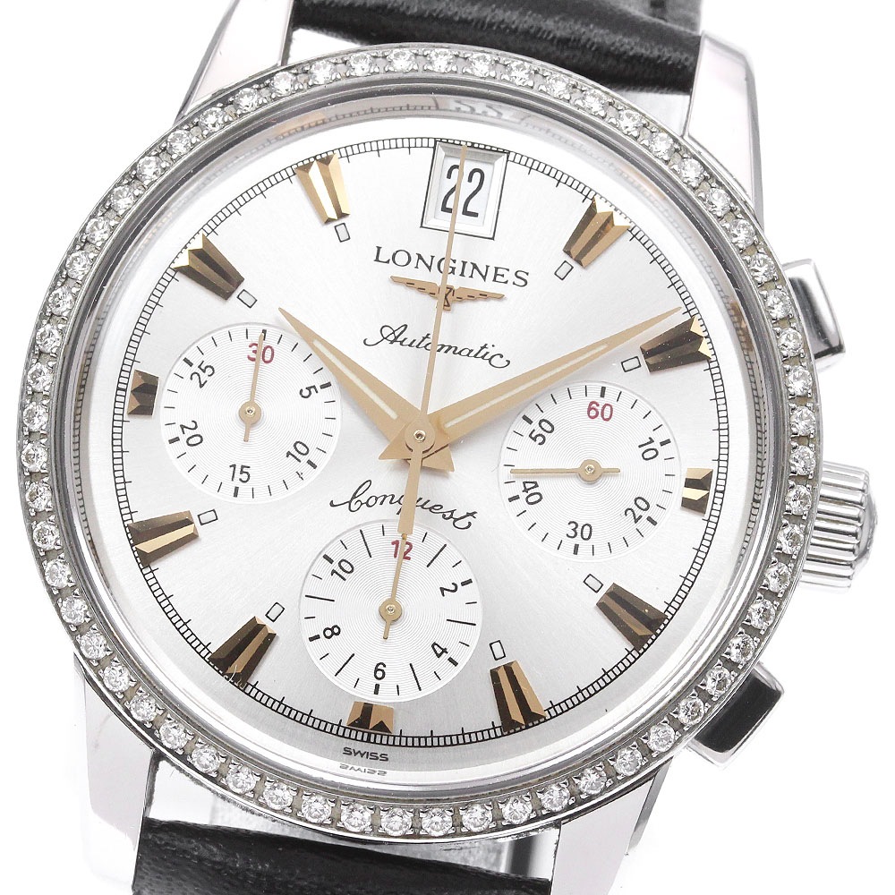ロンジン LONGINES L1.141.0 コンクエスト ダイヤベゼル クロノグラフ 自動巻き レディース _837828【中古】