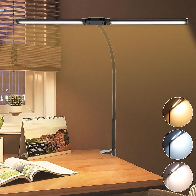 Esbaybulbs デスクライトled クランプライト 160個led スタンドライト ダブルヘッド 3色温度（電球色白色昼光色）10段階調光 角度調整可能 目に優しい テーブルライト 電気スタ
