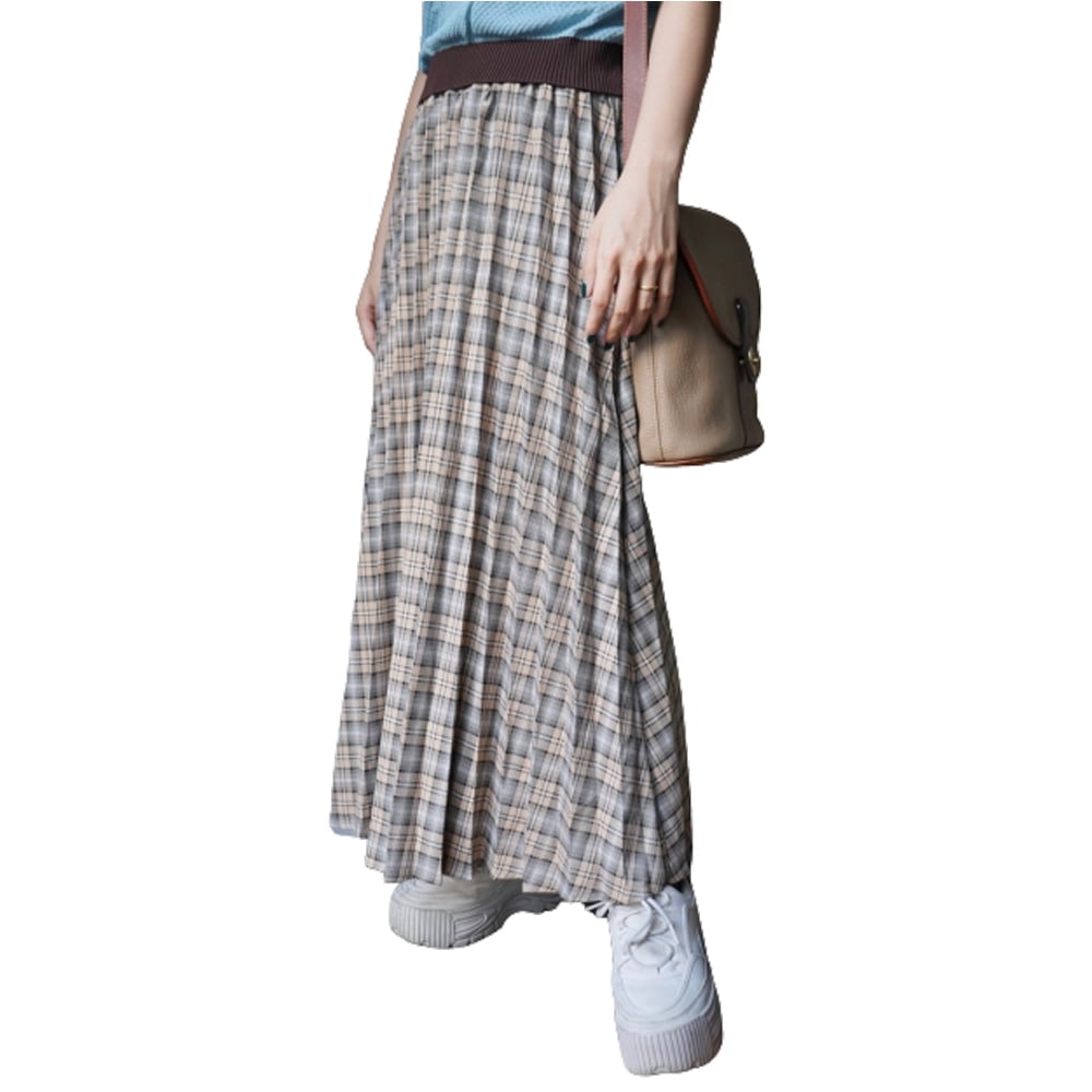 Beige Check Pleats Long Easy Skirt A,D,G レディース ボトムス 4,746円