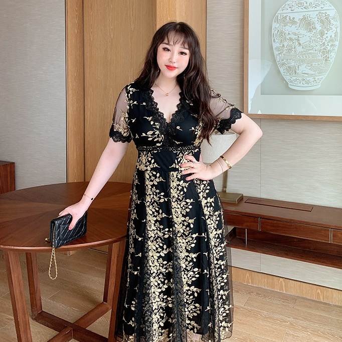 ワンピース ドレス ひざ下 レディース お呼ばれ パーティー 黒 ゴージャス 上品 エレガント チュール 半袖 ロング 二の腕カバー 2XL 3XL 4XL 5XL 花柄 レース ゴールド 刺繍 Vネ