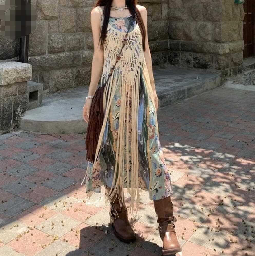 【3日で出荷】2点セット かぎ編みビスチェ 花柄キャミワンピース タッセル フリンジ サマーニット ノースリーブ リゾートサマードレス ロング丈 レトロ 大人可愛い ガーリー